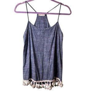 Twenty Second‎ Blue Tank with Cream Tassel Hem
